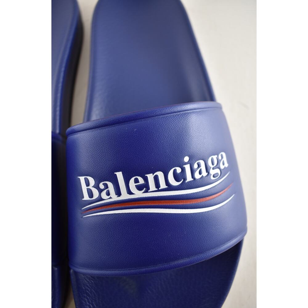 Balenciaga Blue Leather Campaign Logo Slide Pool Sandal Flip Flop Flat 44 11 - Picture 8 of 15